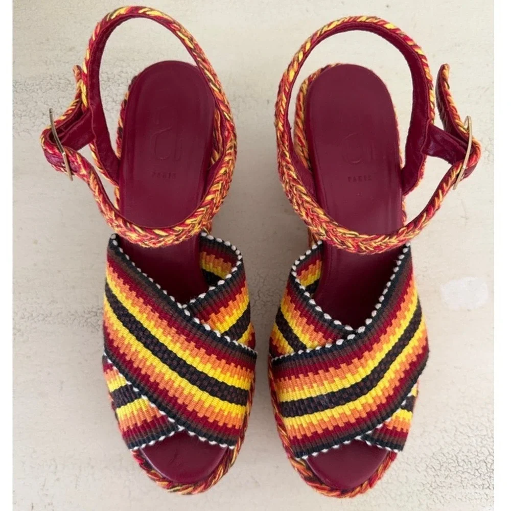 Antolina Paris Woven Textile Women Sz 8 Striped Platform Sandal Red/Yellow/Black